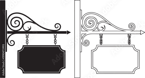 Vintage hanging sign bracket with decorative scrolls and blank wrought iron board for business shop storefront and restaurant signage.