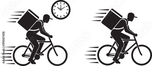 Delivery courier on bicycle vector illustration featuring fast shipping service with backpack and clock icon for time management concept.
