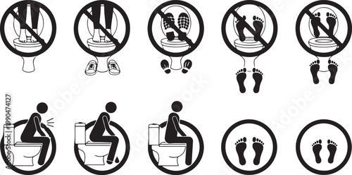 Restroom instruction sign collection with toilet usage rules and silhouette symbols for correct seating posture and hygiene practices.