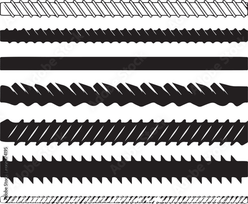 Steel rebar rod texture set for construction industry featuring various metal reinforcement bars for concrete building engineering design.