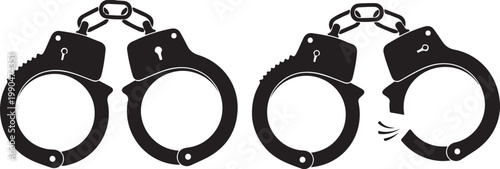 Metal handcuffs vector illustration showing locked and broken states for justice concept and prisoner freedom symbolic design set.