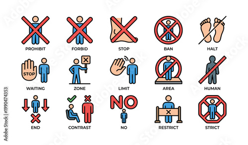 Prohibition and no entry icons showing restriction symbols on white