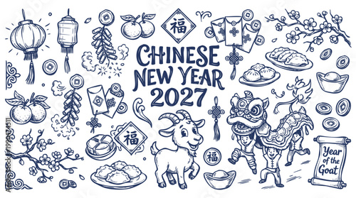 Vintage 1930s Style Chinese New Year 2027 Year of the Goat Doodle Set