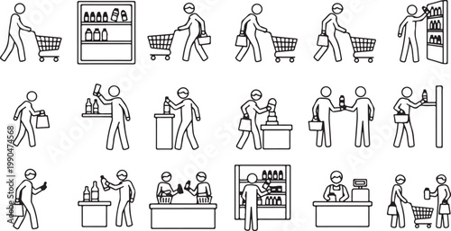 Large collection of grocery shopping pictograms showing people using carts bags and interacting with store shelves in outline style.
