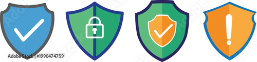modern Web security shield icon. Security shield icon set. Cyber security shield icon set with lock symbols. Lock and unlock vector icon set with tick, cross, and shield security symbols
