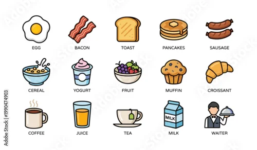 Fototapeta na wymiar Breakfast food icons showing common dishes and beverages