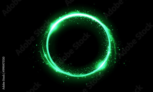 Fotografi A bright glowing ring light green circle features shimmering light particles and swirling energy waves to create a dynamic and magical circular frame effect