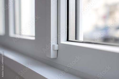 Close-up detail of a modern white plastic window frame. New uPVC double glazed window with energy efficient insulation. Home renovation and construction background