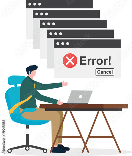 Businessman frustrated by multiple error messages on laptop