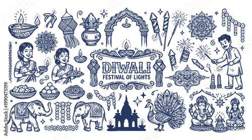 Vintage 1930s Style Happy Diwali Festival of Lights Doodle Set