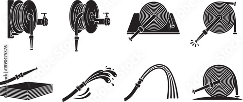 Fire hose black silhouette on transparent background. water hose vector icons. set of equipment for fire fighting.