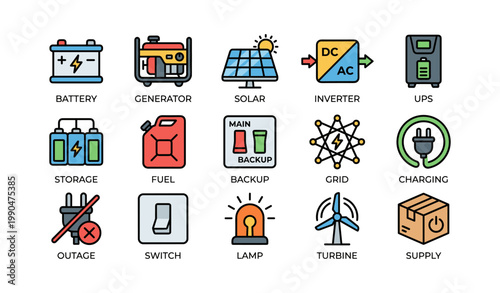 Power and energy system icons arranged in grid on white background