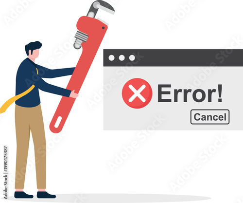 Businessman repairing an error message with a large wrench