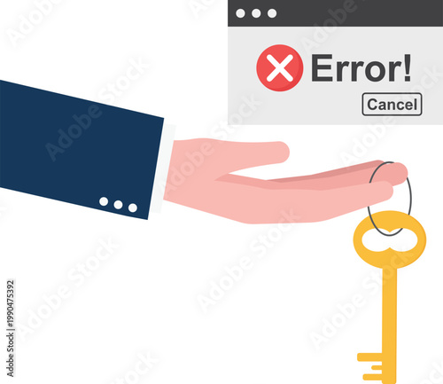Hand offering a golden key to unlock an error message