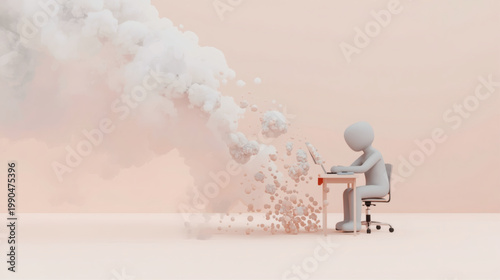 AI-Generated minimalist illustration of burnout, showing a faceless figure working at a desk as cloud-like forms drift away, symbolizing mental strain, fatigue, stress, and emotional exhaustion