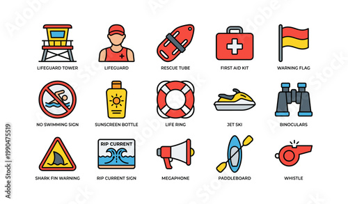 Beach safety icons showing lifeguard equipment and warning signs