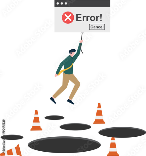 Businessman jumping over holes with an error message balloon