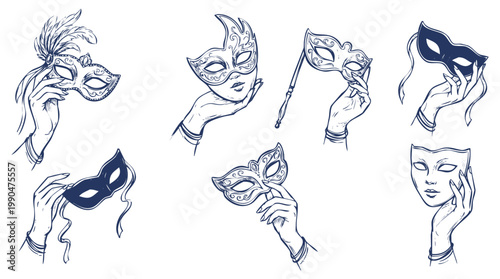 Elegant Hand-Drawn Masquerade Mask and Carnival Hand Gestures Illustration Set