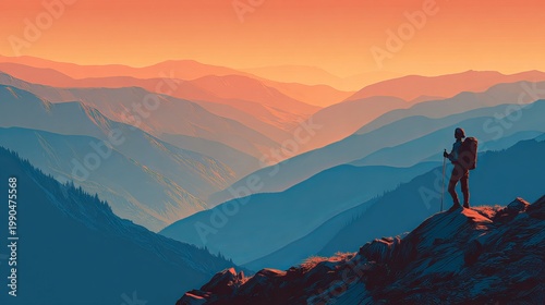 Hiker on mountain peak surveys valley, seeking adventure and discovery.