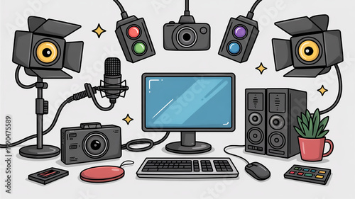 Home recording studio setup with computer microphone cameras and lighting flat illustration for content creation and podcasting