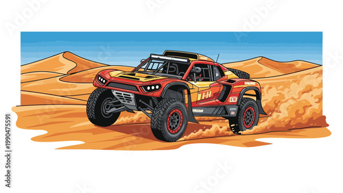 Off-road racing buggy in desert landscape.