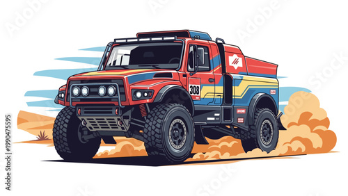 Off-road racing truck driving through desert sand dunes.