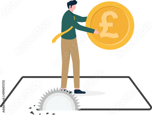 Businessman putting Pound coin into a ground saw trap