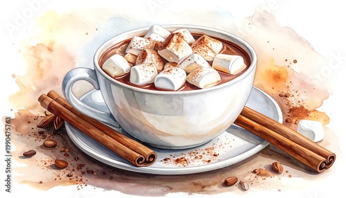 Watercolor Illustration Of A White Hot Chocolate Cup Filled With Fluffy Marshmallows And Cinnamon Sticks On A Saucer With Coffee Beans