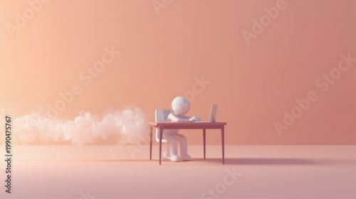 AI-Generated minimalist illustration of burnout, showing a faceless figure working at a desk as cloud-like forms drift away, symbolizing mental strain, fatigue, stress, and emotional exhaustion