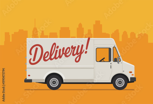 Delivery van in cityscape fast shipping and urban logistics concept