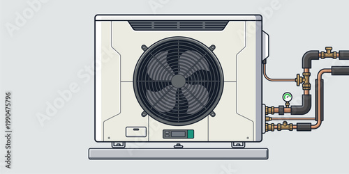 Modern Air Source Heat Pump Unit with Piping and Pressure Gauge - Sustainable HVAC System for Renewable Energy Transition