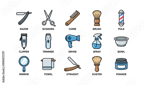 Barber tools and grooming icons arranged on white background