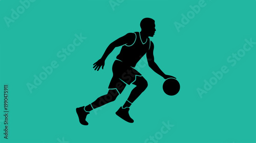 Basketball Player Dribbling Ball Silhouette Against Teal Background.