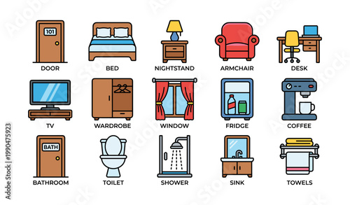 Room furniture and bathroom amenity icons on white background
