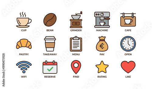 Coffee and cafe icons showing cups beans machine and menu symbols