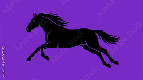 Black horse silhouette running on a purple background, dynamic motion.