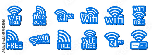 Wifi free password zone with a strong signal vector and cool icon logo sticker sign symbol. Round signage for a public access spot or network area label, through an isolated available design