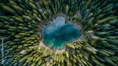 Circle lake from above looks like Earth, with pine woods all around.