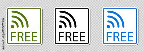Wifi free password zone with a strong signal vector icon and logo sticker or sign symbol. Available public access hotspot design for web cafe mobile device internet service through an isolated