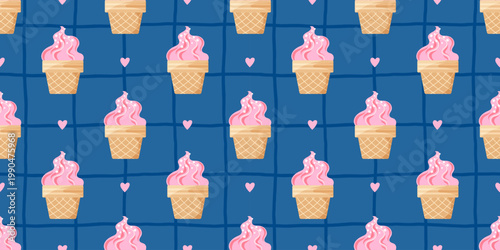 Cream background with cone and vector pattern texture for icecream. Ice summer themes seamless graphic outline of cup decor and sweet. Drawn ball through fun waffle dessert treat with wafer set.