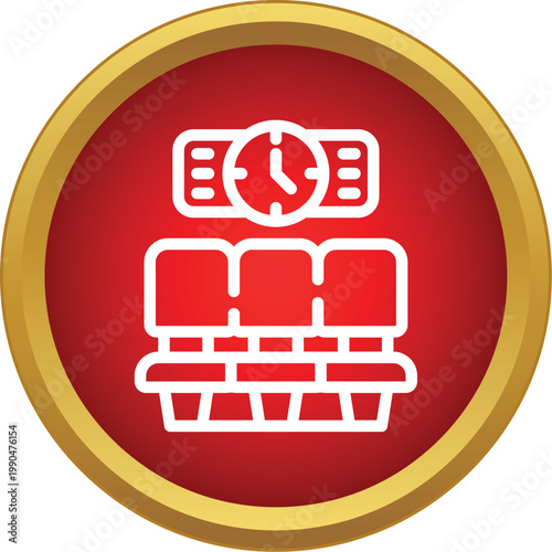 Waiting hall seating arrangement with a clock indicating waiting time