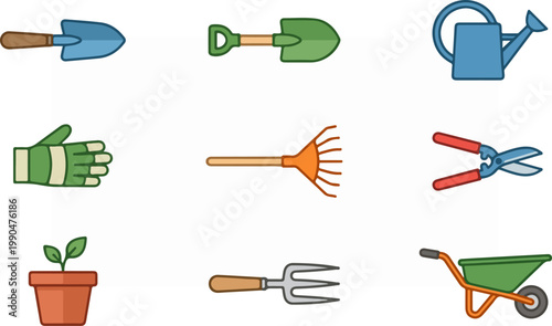 Collection of Colorful Garden Tools and Equipment for Gardening and Landscaping.