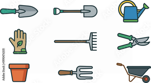 Collection of gardening tools and equipment for outdoor activities.