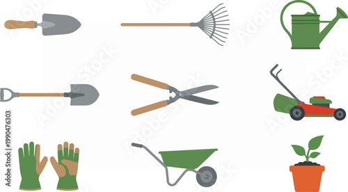 Collection of gardening tools and equipment for outdoor yard work.