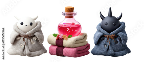 Three whimsical characters in cozy robes, surrounded by colorful potions and towels, creating a magical atmosphere