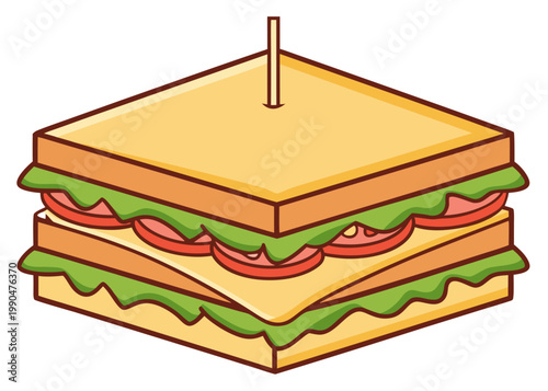 A three-layered club sandwich with visible lettuce and tomato slices is secured by a wooden toothpick against a plain white background.