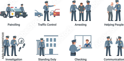 Daily duties and responsibilities of police officers in visual form Vector