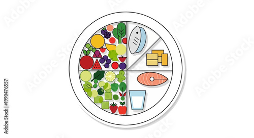 Balanced diet plate with fruits vegetables fish and dairy products