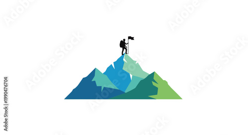 Hiker standing on mountain peak with flag