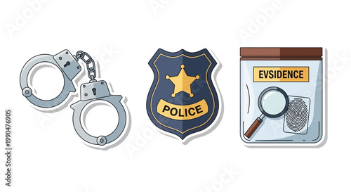 Police badge handcuffs and evidence container illustration